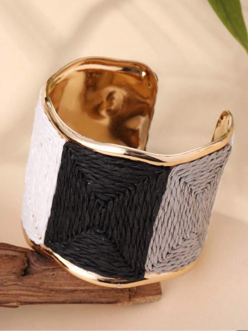 Gold Cuff Bracelet with Black, Gray & White Woven Panels
